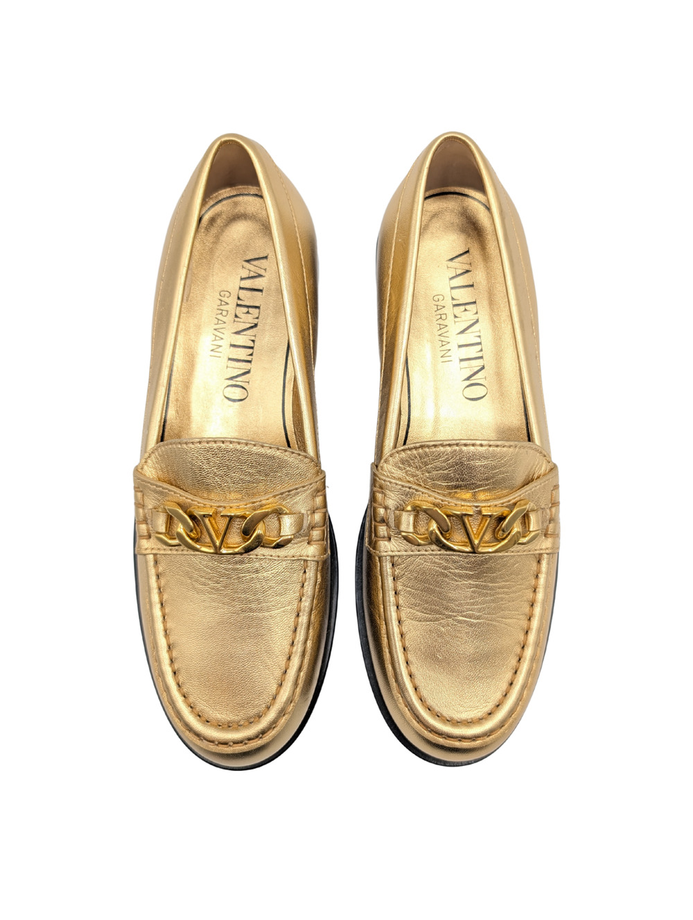 Valentino Garavani Gold Chain Metallic VLogo Slip-On Loafers Size 37.5